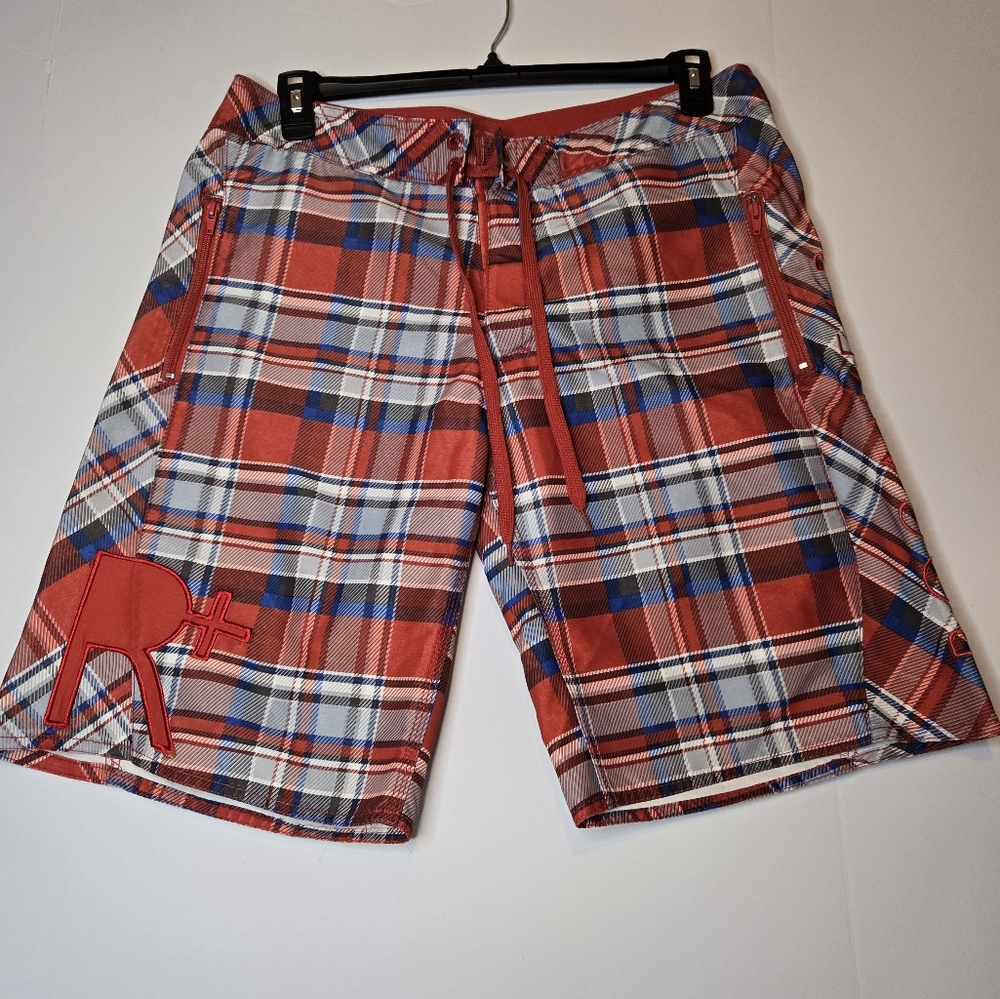 Rocawear Men's Plaid Board Shorts Size 36 Red White Blue Big Logo Casual